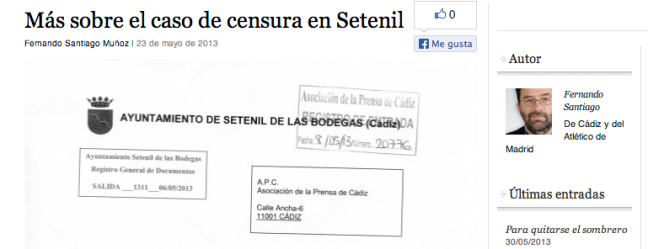 El periodista Fernando Santiago comenta en el Diario de Cádiz la censura en Setenil: "El alcalde de Setenil dice que con él no va nada aunque la sede del artefacto tiene todos los perejiles públicos como se puede ver".